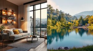 intérueur d'un appartement et sur la deuxième image un lac avec une forêt