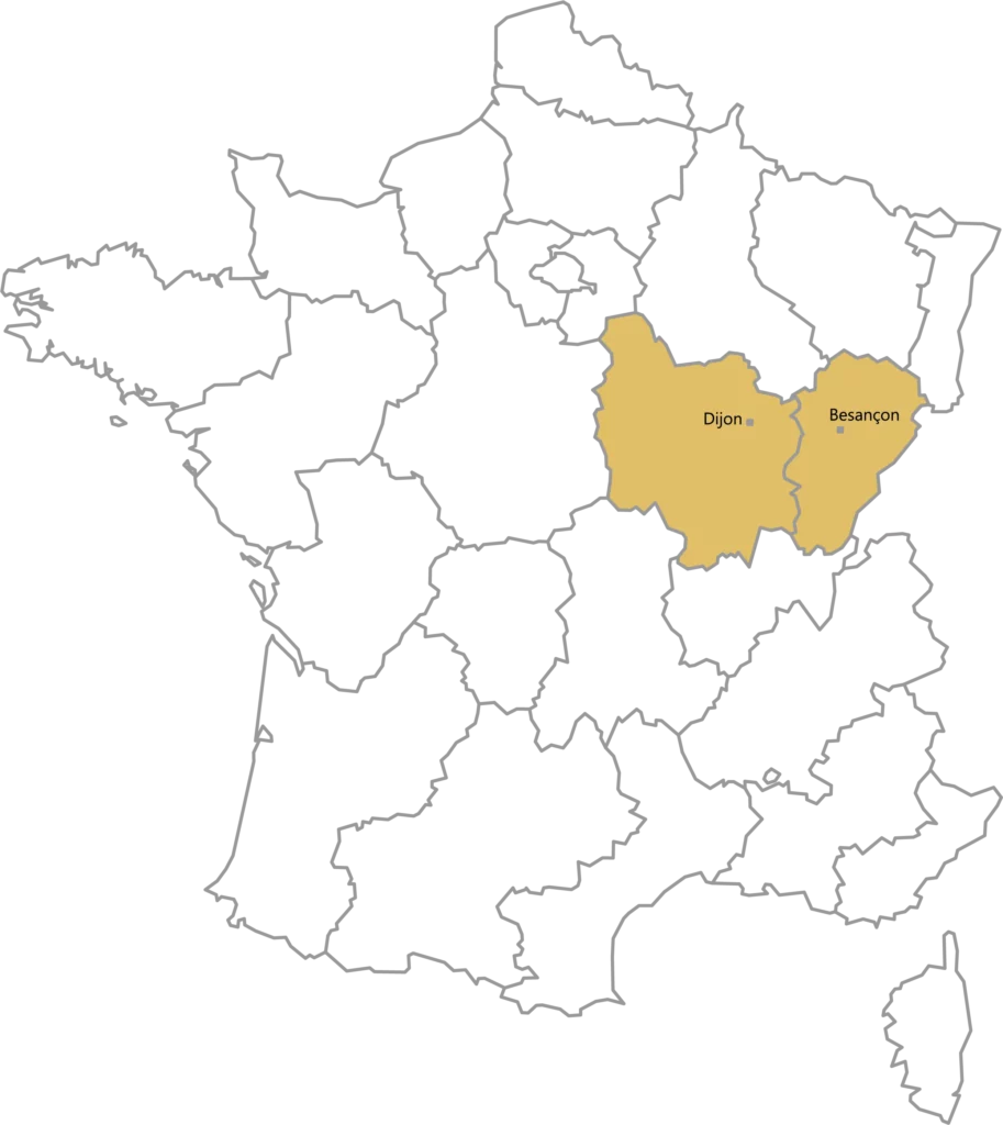 carte de france avec bourgogne franche comté en couleurs et villes de Dijon et Besançon