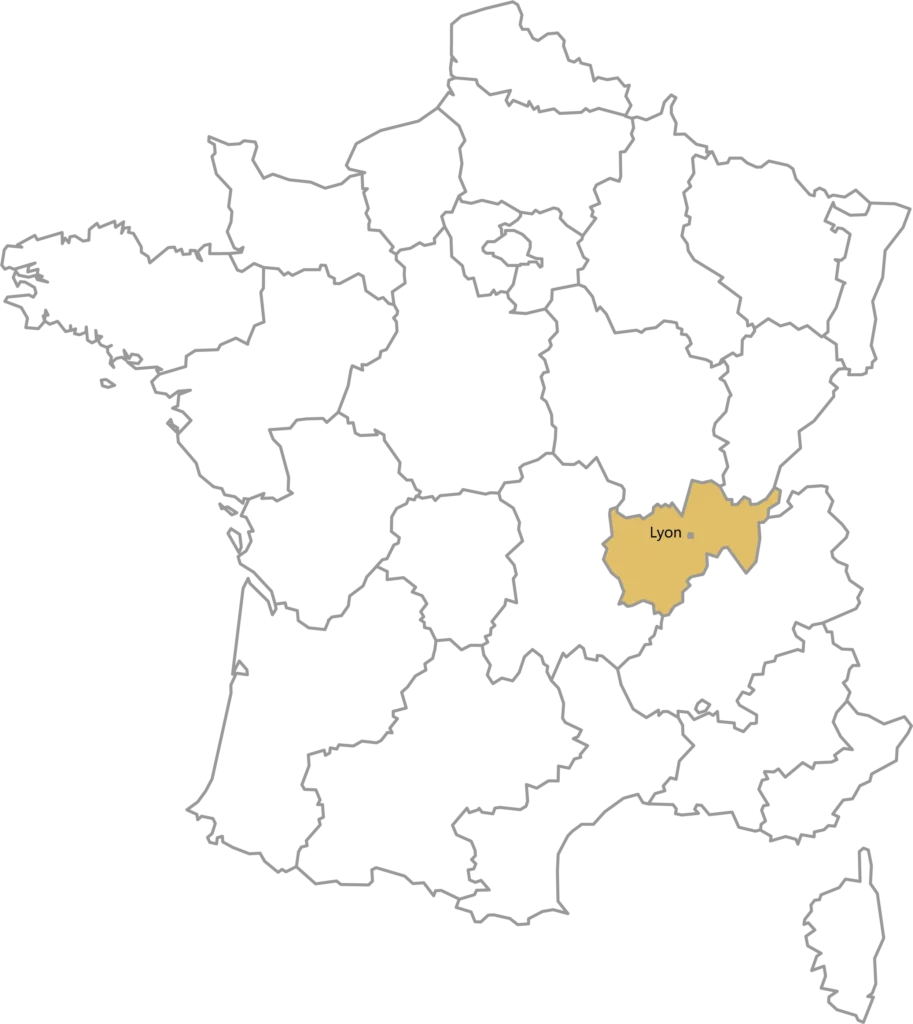 carte de france avec région rhone alpes en couleurs et villes de Lyon