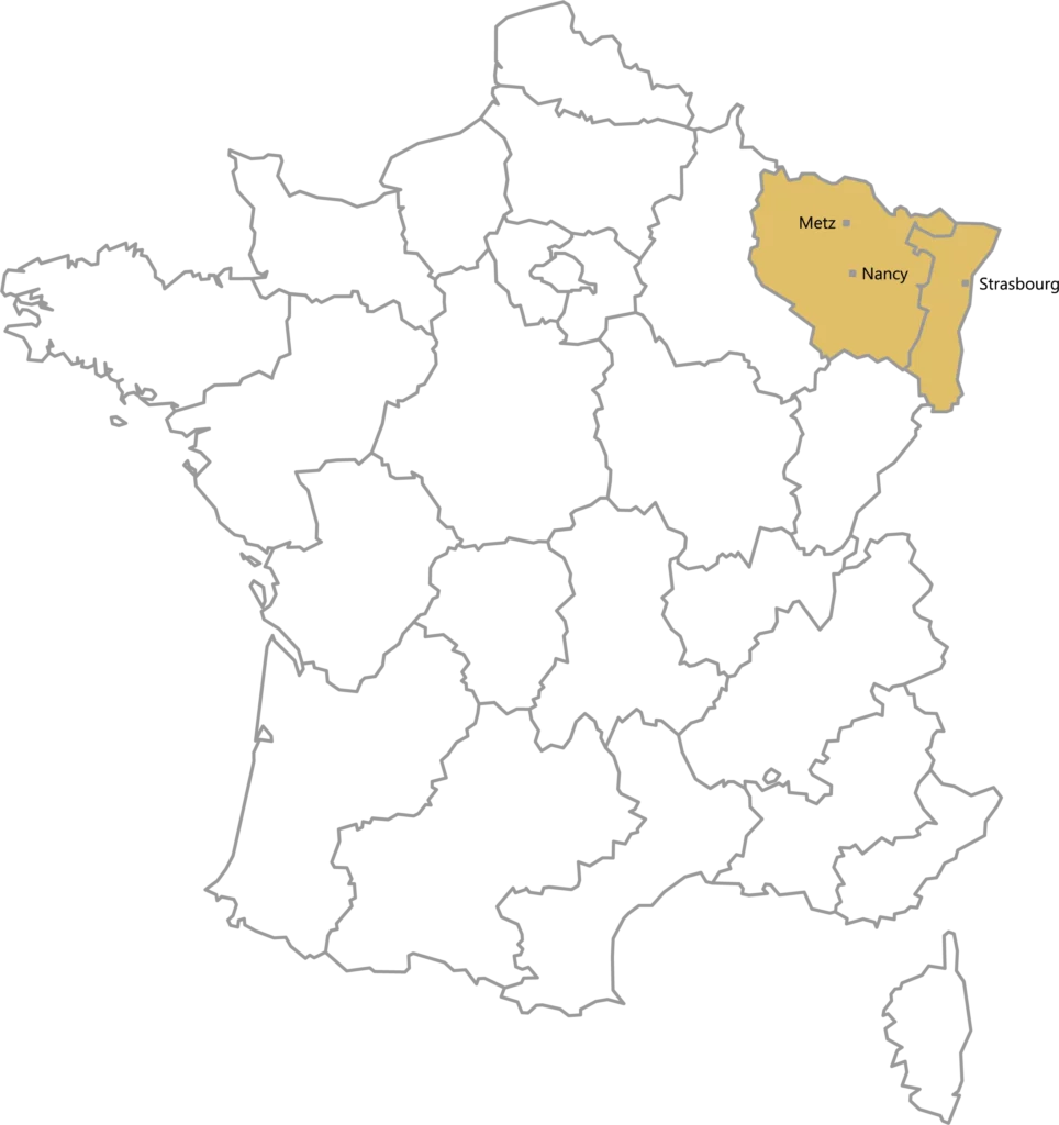 carte de france avec région grand-est en couleurs et villes de Strasbourg Nancy et Metz
