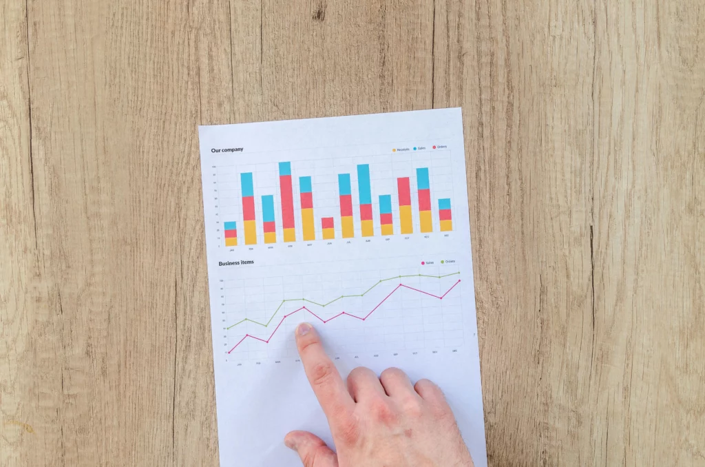 feuille de papier avec des graphiques et un doigt pointant un des deux graphiques