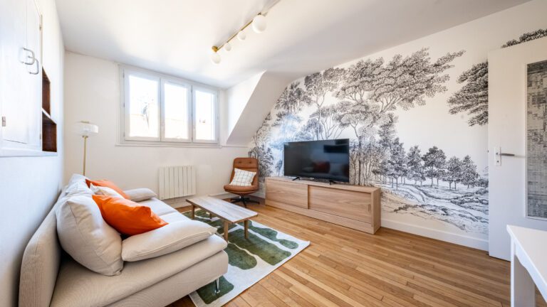 Pièce de vie meublée avec un canapé, un meuble TV et un fauteuil, dans un appartement T2 situé à Dijon