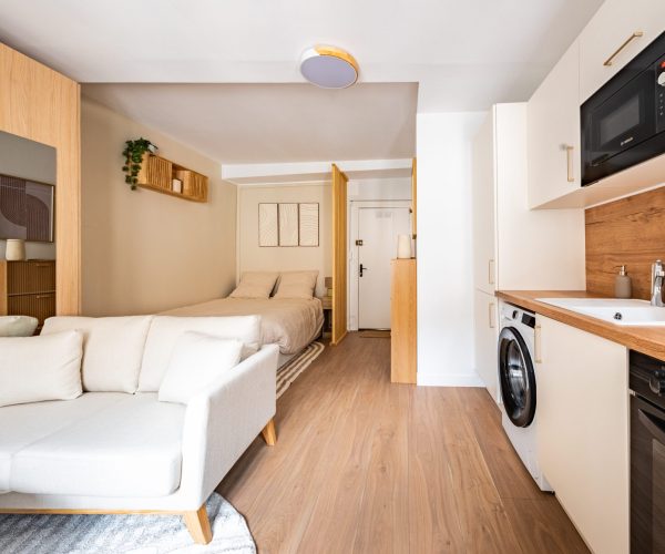 studio meublé avec coin salon, coin chambre, salle de bains et cuisine